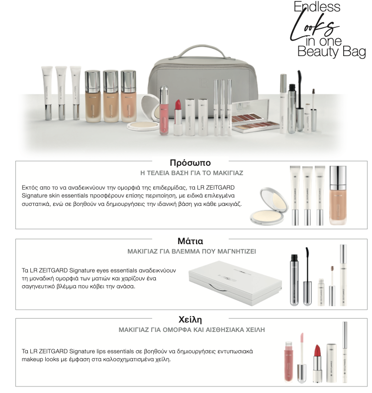 Σειρά μακιγιάζ LR ZEITGARD Signature – προϊόντα για πρόσωπο, μάτια και χείλη, συγκεντρωμένα σε ένα κομψό beauty bag.